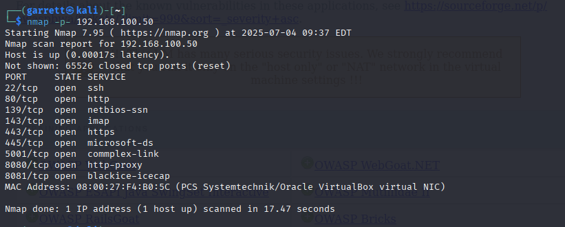 Nmap Full port scan/>
<figcaption>3. Full port scan using <code>nmap -p- 192.168.100.50</code> to enumerate all 65,535 TCP ports and identify non-standard services that may be running outside common port ranges.</figcaption>
</figure>
<figure>
<img src=